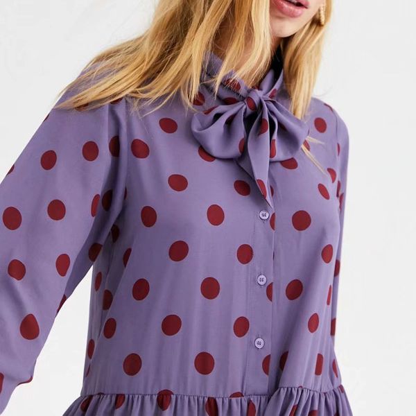 

women spring bow long maxi dress vintage print female polka dot loose dress casual street lady elagant purpal vestidos, Black;gray