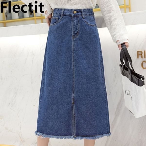 Flectit Womens Midi Gonna di jeans Vita alta A-line Row Hem Split Front Jeans Gonna Plus Size Primavera Estate Outfit 210309