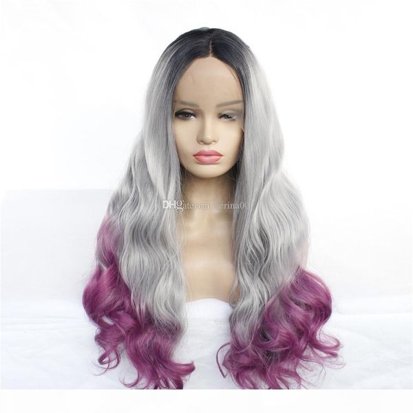 

new style black silver purple mixed color hair wig with lace front sythetic heat resistant fiber hair