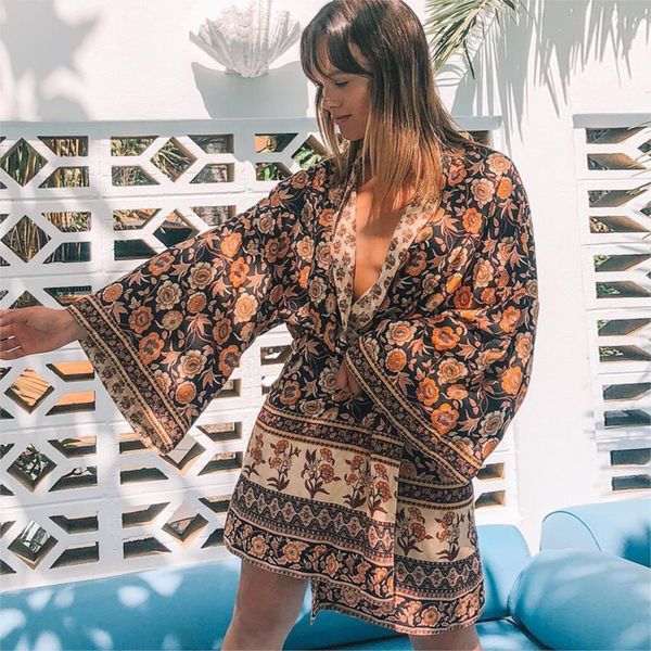 

2021 new vintage floral print kimono jacket summer beach cover up cardigan women clothing casual loose long jackets blusa v5hs, Black;brown