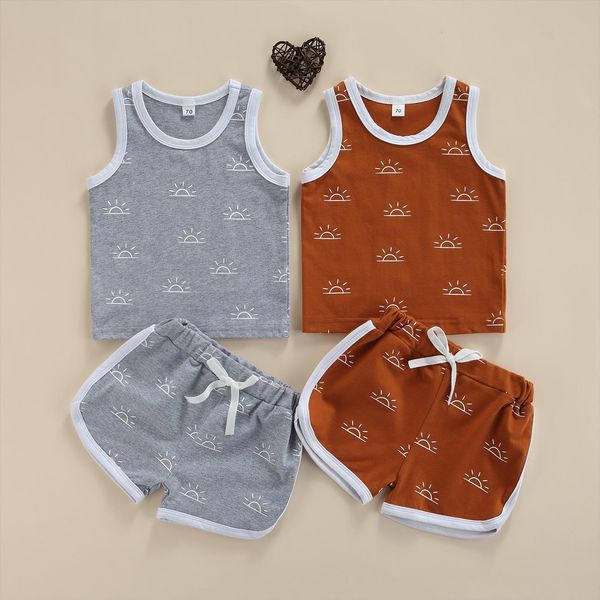 

0 4y summer kids baby boy girl clothes cartoon sun print sleeveless vest drawstring loose shorts sport tracksuit, White