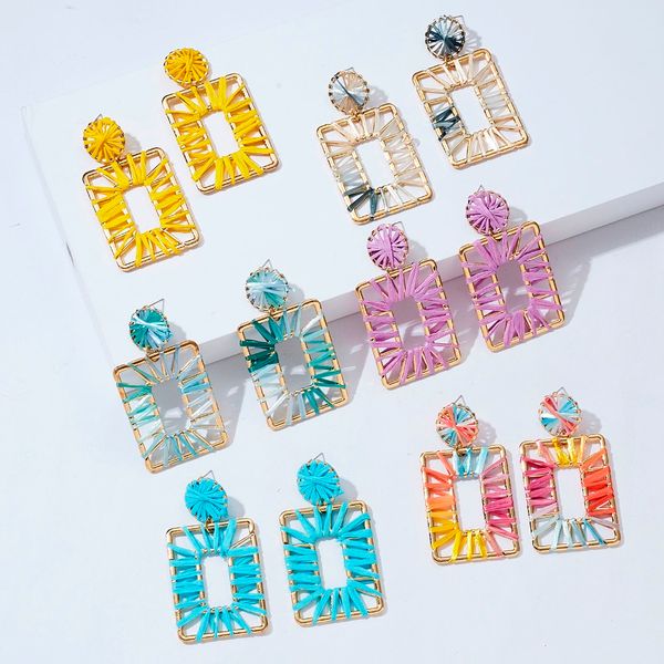 

dangle & chandelier fashion bohemian hand-woven lafite geometric square hollow stud earrings for female birthday personality creative jewelr, Silver