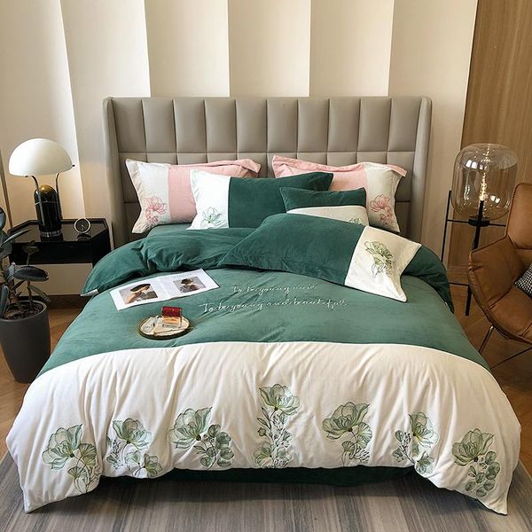 

bedding sets winter shaggy velvet fleece flowers embroidery princess set lotus quilt/duvet cover bed linen fitted sheet pillowcases