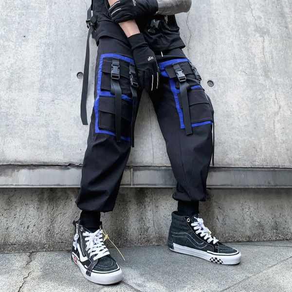 

men's pants ribbons multi pockets cargo harajuku casual track trouser hip hop streetwear harem joggers men sweatpants x7v1 pnp4, Black