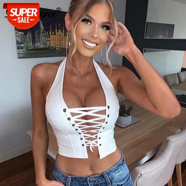 

dulzura pu fake leather lace up bandage halter women crop tanks hollow out backless bodycon streetwear party clubwear #zy4l, White
