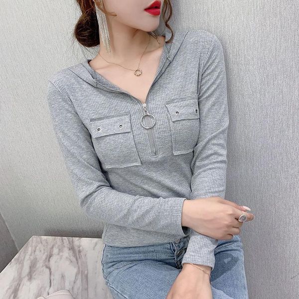 

women's blouses & shirts blouse women cotton zipper v-neck long-sleeved hooded slim fit blusas ropa de mujer, White