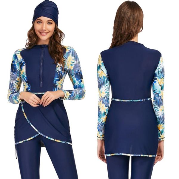 

muslim swimwear moderate patchwork printed turban sleeve sports swimwear 3 pieces islamic budgies wearing swimsuit bikini
