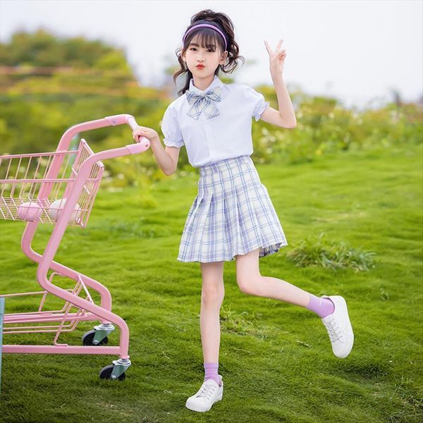 

summer ruffle sleeve girls clothes teenager sailor bow blouse shirt plaid shorts jk skirt uniform 4 5 6 7 8, White