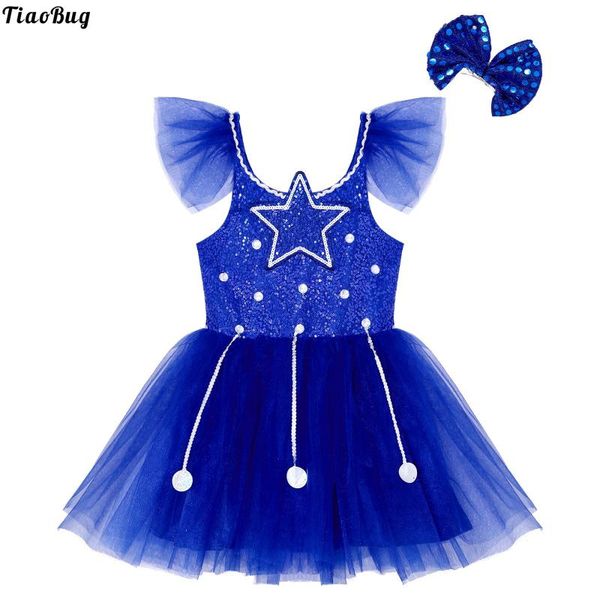 

stage wear tiaobug kids girls dance performance costumes sleeveless ruffle straps sequins tutu mesh dress with bowknot headwear, Black;red