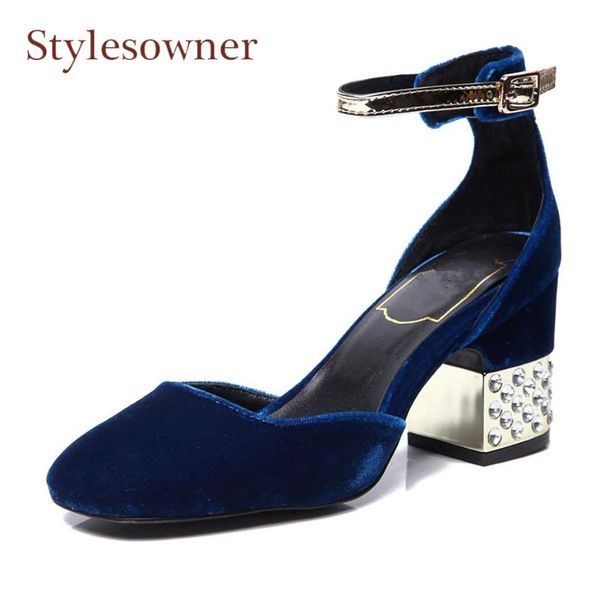 

dress shoes spring summer round toe women pumps crystal metal chunky heel sandals elegant lldy velvet ankle strap mid-heel nice, Black