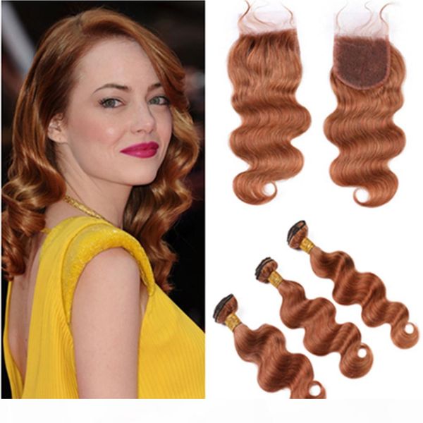 

#30 medium auburn body wave human hair bundles with closure auburn lace closure 4x4 with weaves light brown brazilian human hair wefts, Black