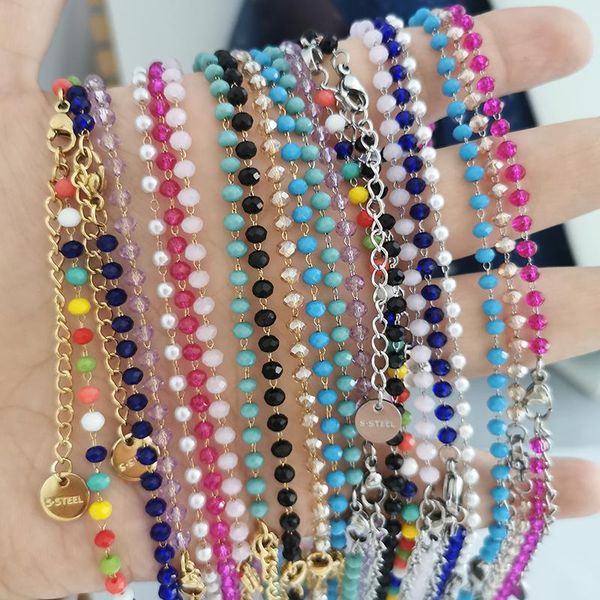 

pendant necklaces qmhje glass beads chain necklace for women choker candy colorful gold silver color stainless steel diy basic 50+5cm