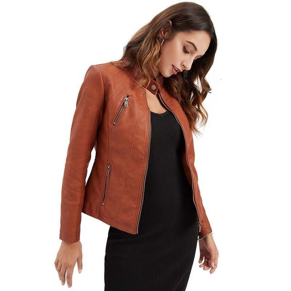 

2021 pu women autumn sleeve slim fashion oversize jacket faux leather coats outerwear rahw, Black
