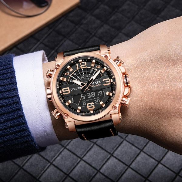 

wristwatches smael fashion brand watch men leather sport watches rosegold waterproof quartz chronograph male clock, Slivery;brown