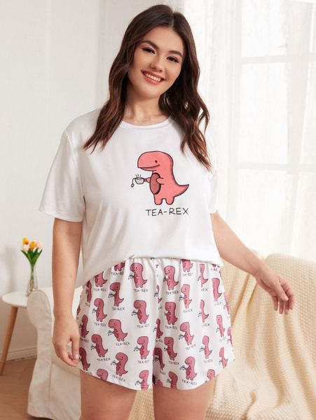 

plus cartoon dinosaur print pajama set e9iv#, Black;white