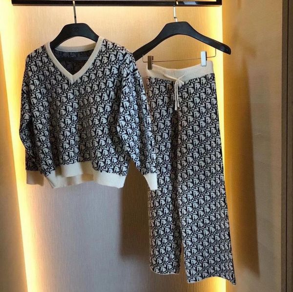 

original label designer cashmere pullover ladies sweater print alphabetical sweater long sleeve trousers two piece set, White