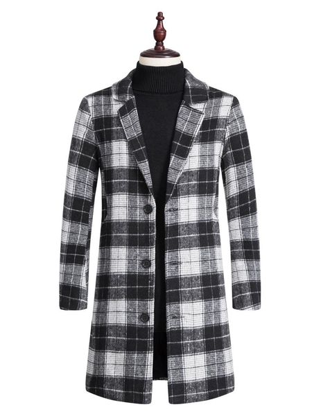 

men's wool & blends men long plaid trench coat outerwear male streetwear vintage fashion 2021 winter woolen jacket overcoat, Black