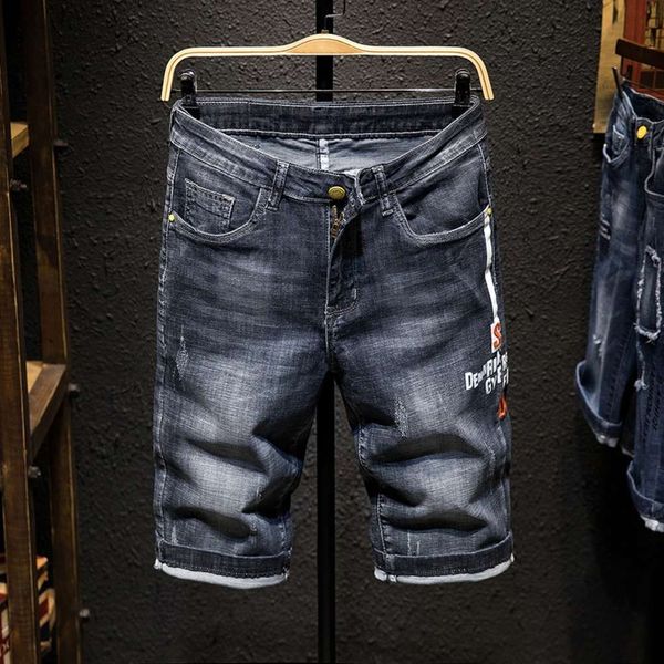 

2019 summer thin denim shorts men's print personality fashion elastic capris casual breeches, Blue