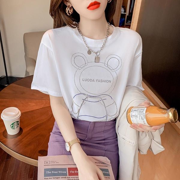 

women's t-shirt all match fix diamond women designer t shirts summer casual cartoon bear oversized shirt o-neck loose woman tshirts 202, White