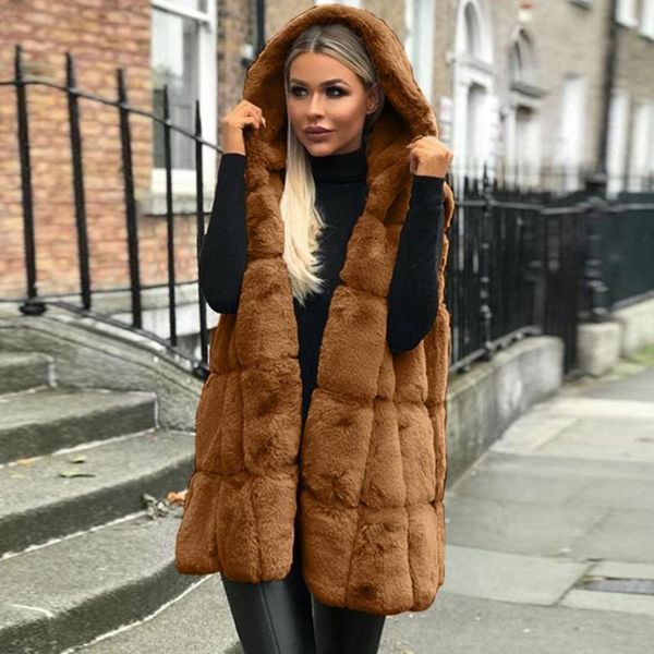 

women's vests casualÂ women winter vest hooded imitation fur cardigan breathable personality soft surface solid medium long warm furry g, Black;white