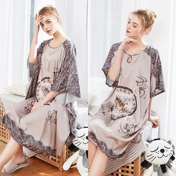 

women long silk nightwear satin half sleeve knee length sleepwear print sleepshirts grey nightdress night wear dress gown, Black;red