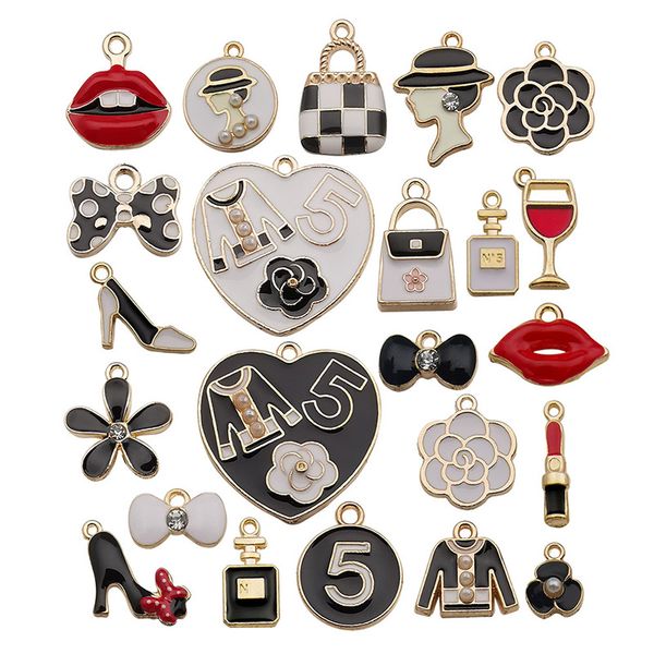 

23pcs mixed black and white enameled bag flower heart charms for jewelry making, Bronze;silver