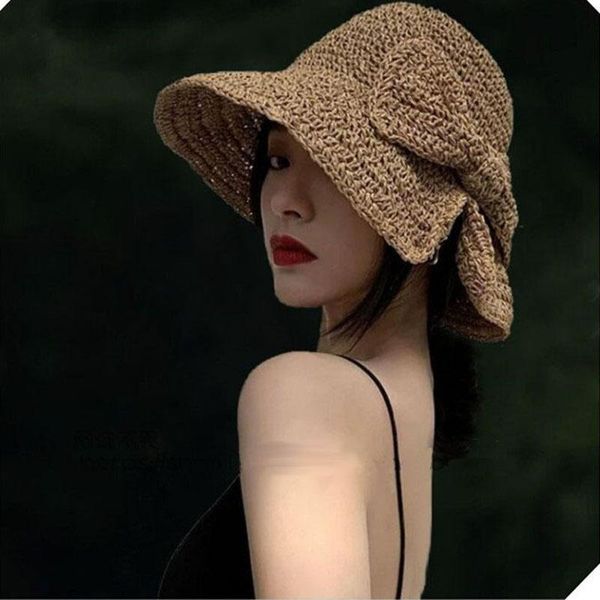 

wide brim hats fashion straw fisherman hat sunscreen bucket with bow female summer foldable sunshade women sun cute kawaii, Blue;gray