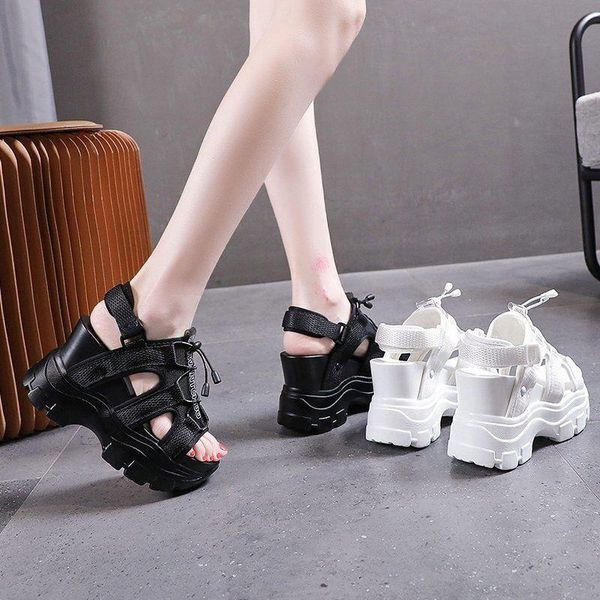 

sandals slope heel casual sports women summer style wild thick bottom mesh fish mouth super high x809, Black