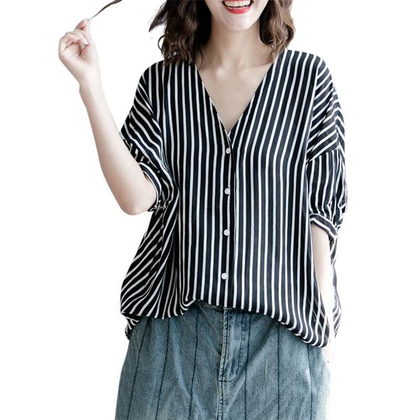 

women's blouses & shirts oversized loose striped women 2021 summer v-neck lantern sleeved office lady elegant outwear coat, White