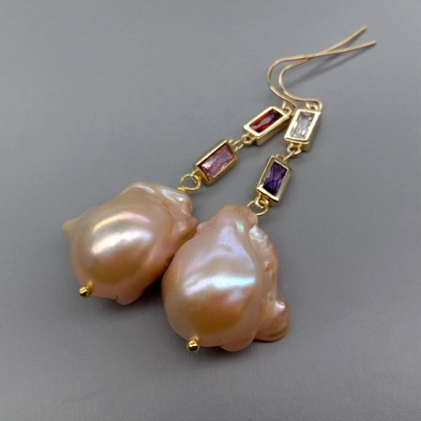 

natural cultured pink nucleated flameball baroque pearl cz pave chain dangle hook earrings classic for women, Golden