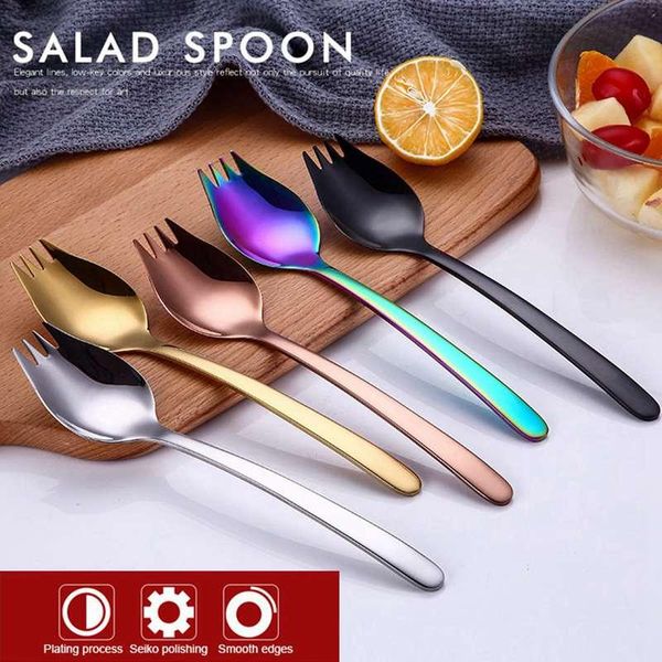

creative 2-in-1 double fork spoon stainless steel 304 spoon fork one-piece pasta salad cutlery