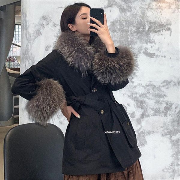 

women's fur & faux 2021 big natural raccoon collar winter liner jacket women fashion thicken warm coat female real parkas a01, Black