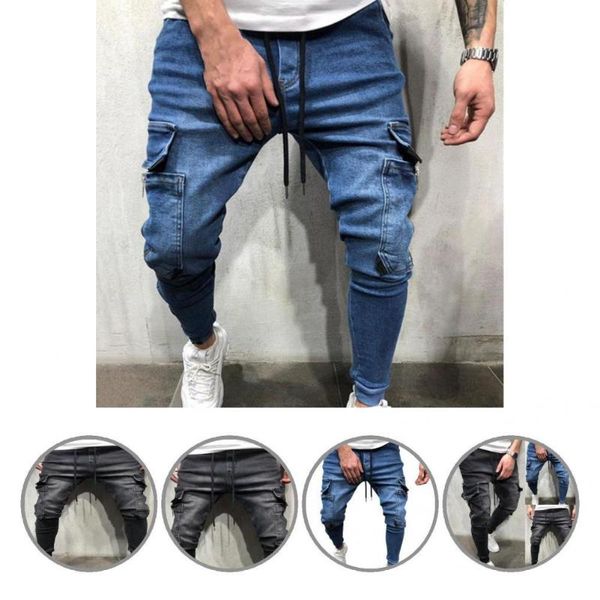 

men's jeans ankle-banded casual multi pockets pencil pants for school, Blue