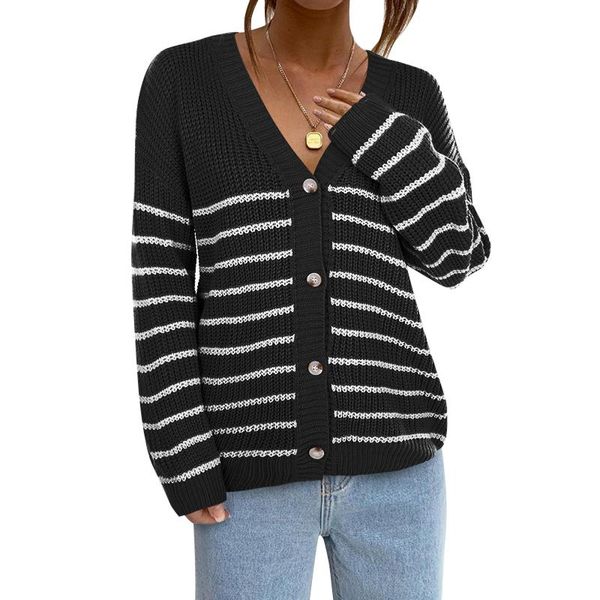 

women's knits & tees vintage v-neck stripe long sleeve women sweater 2021 autumn winter short knitted cardigan sweaters womes england s, White