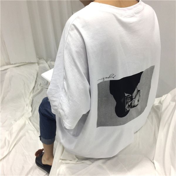 

summer oversize loose character printed back white simple short sleeve female t-shirts 210720