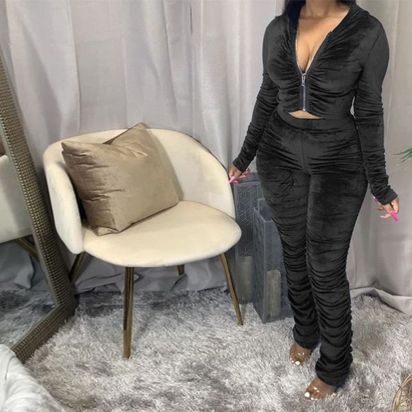 

velvet two piece set jumpsuit long sleeve stacked leggings flare pants tracksuit fall club outfits matching sets, White