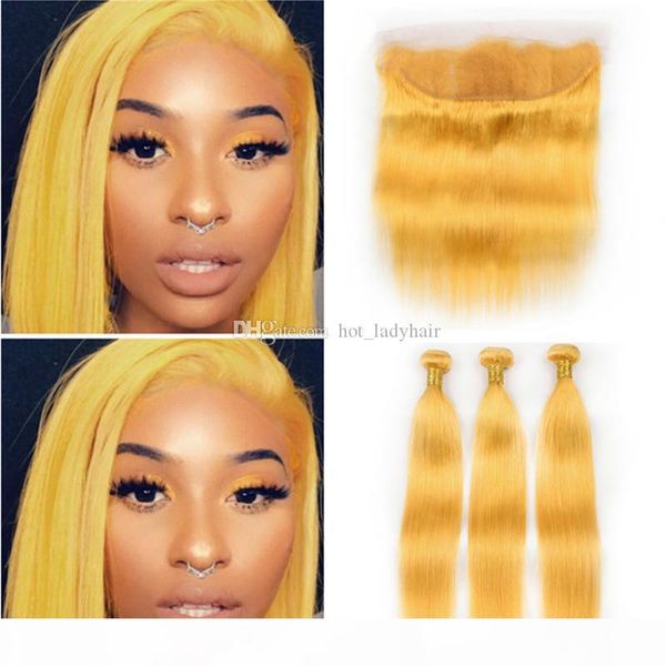

silky straight yellow human hair 3 bundles with frontal closure colored yellow virgin brazilian hair weave extensions and 13x4 lace frontal, Black;brown