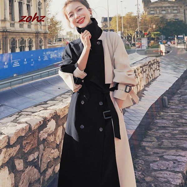 

women's trench coats 2021 autumn patchwork contrast color fashion famale double-breasted sashes mid-length windbreaker outwear for wome, Tan;black