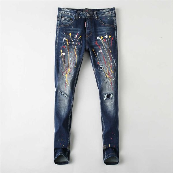 

men's jeans streetwear fashion retro dark blue elastic slim fit ripped for destroyed painted designer hip hop punk pants thbw