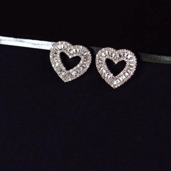 

stunning sweet cute luxury jewelry real 925 sterling silver full princess cut white z cz diamond party women heart stud earr, Golden;silver