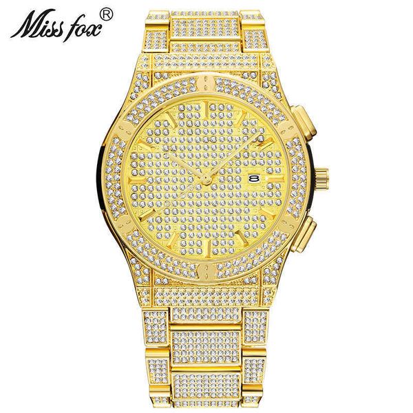 

missfox brand selling hip hop calendar large dial men's watch stainless steel high-grade diamond inlaid waterproof watch, Slivery;brown