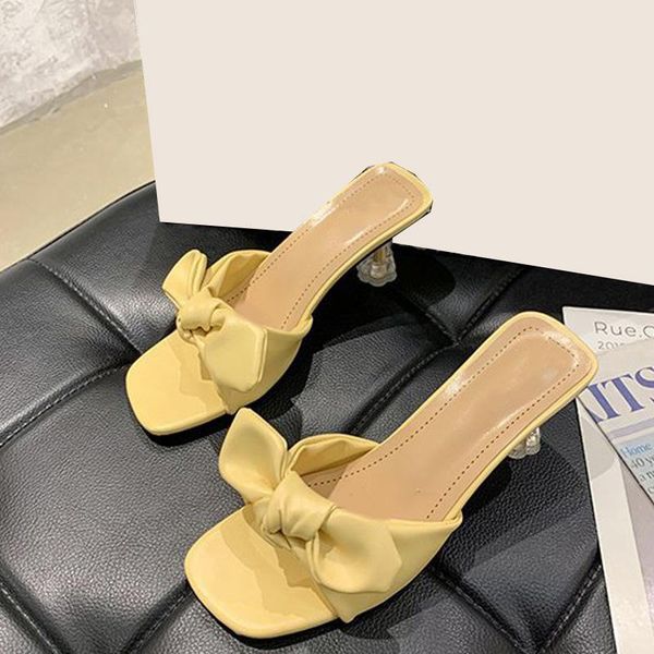 

slippers woman summer non slip thin high heels slides shoes female bow square toe transparent footwear ladies, Black