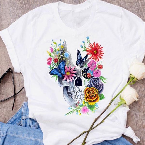 

women graphic skull face harajuku kawaii floral print halloween clothing clothes lady tees female t shirt womens t-shirt, White