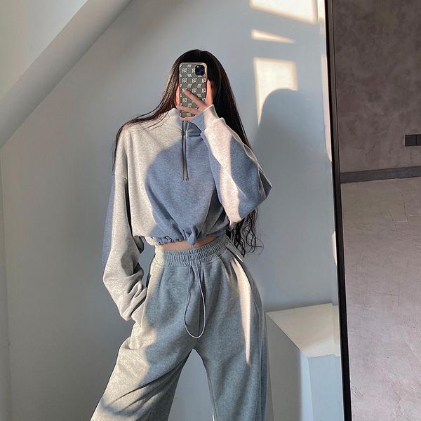 

women's hoodies & sweatshirts european and american street high collar zipper loose thin short drawstring navel long sleeve pullover, Black