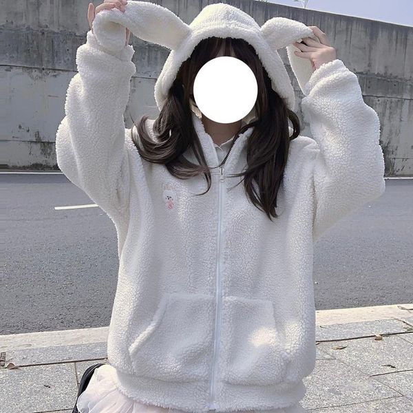 

women's jackets japanese sweetheart loli girly winter coat kawaii ear hooded cute lambswool full sleeve pocket zipper keep warm outer, Black;brown