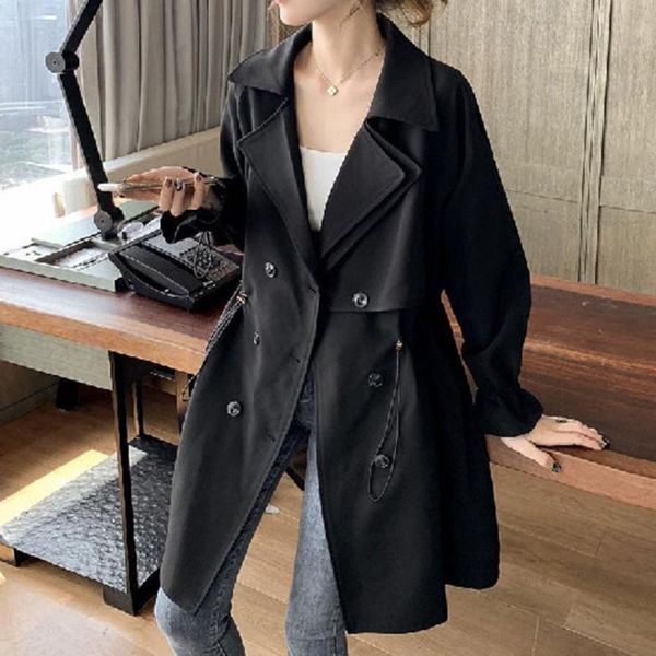 

women's trench coats 2021 korean fashion women jacket solid color retro lapel double breasted long sleeve temperament elegance autumn w, Tan;black