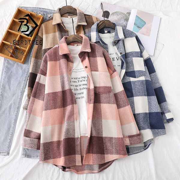 

spring women big plaid full sleeve thick warm woolen shirt jacket winter oversize stylish girl casual outwear t0n444t 210928, Black;brown
