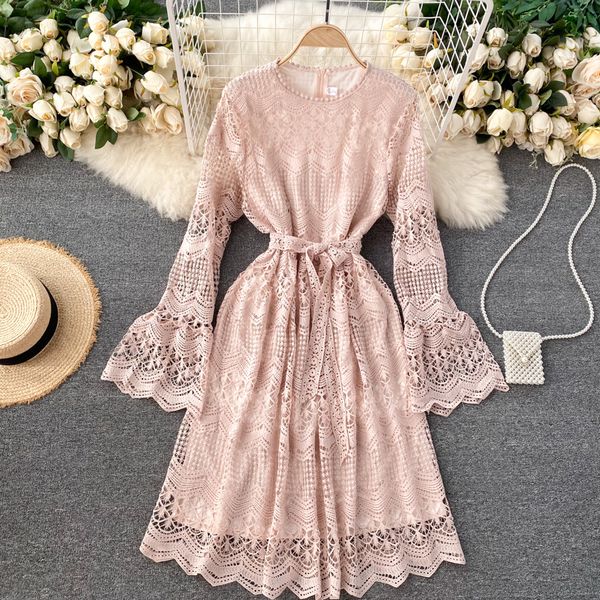 

Romantic Lace Dresses the Plain Ol-neck Hollow Solid Line Out Extension Long Sleeves at Knee Height Dressed As Women's Party 2021new Wvhu, Black;gray