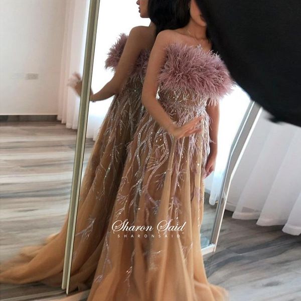 

party dresses luxury feathers long arabic evening gowns for women wedding champagne beading dubai formal prom engagemant dress, White;black