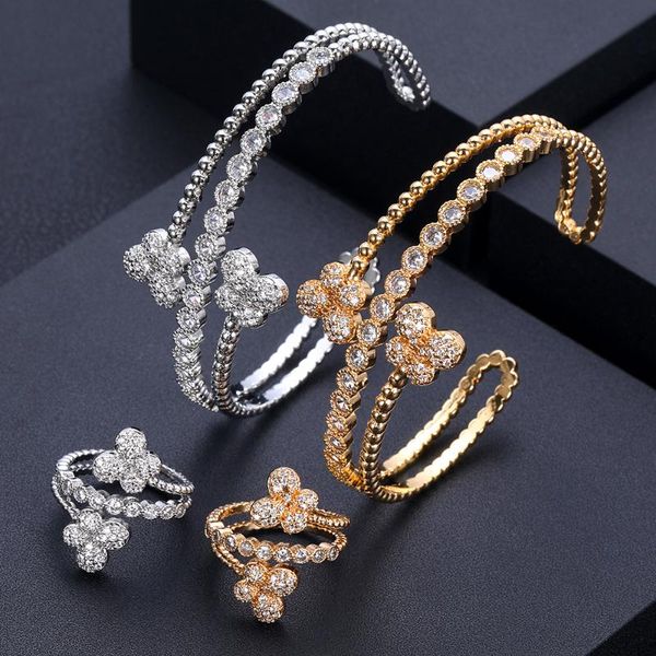 

earrings & necklace janekelly luxury unique african bangle ring set for women wedding cubic zircon crystal cz dubai bridal jewelry, Silver